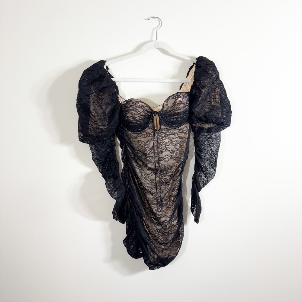 Oh Polly Tell Me More Black Lace Ruched Mini Dress Long Sleeve Puff Shoulders 8 - Picture 2 of 5